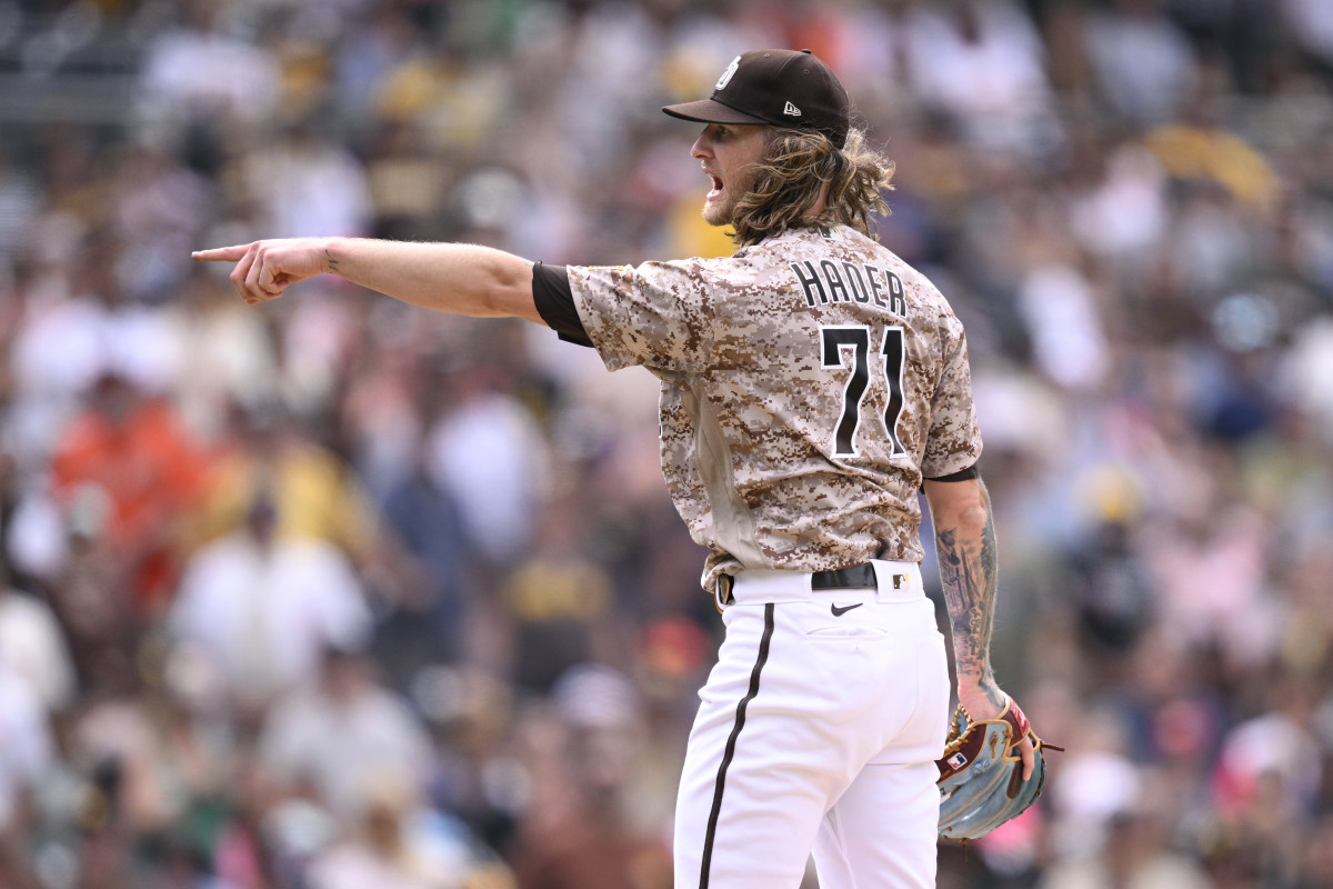 Sep 3, 2023; San Diego, California, USA; San Diego Padres relief pitcher Josh Hader (71) reacts after defeating the San Francisco Giants at Petco Park. Mandatory Credit: Orlando Ramirez-USA TODAY Sports